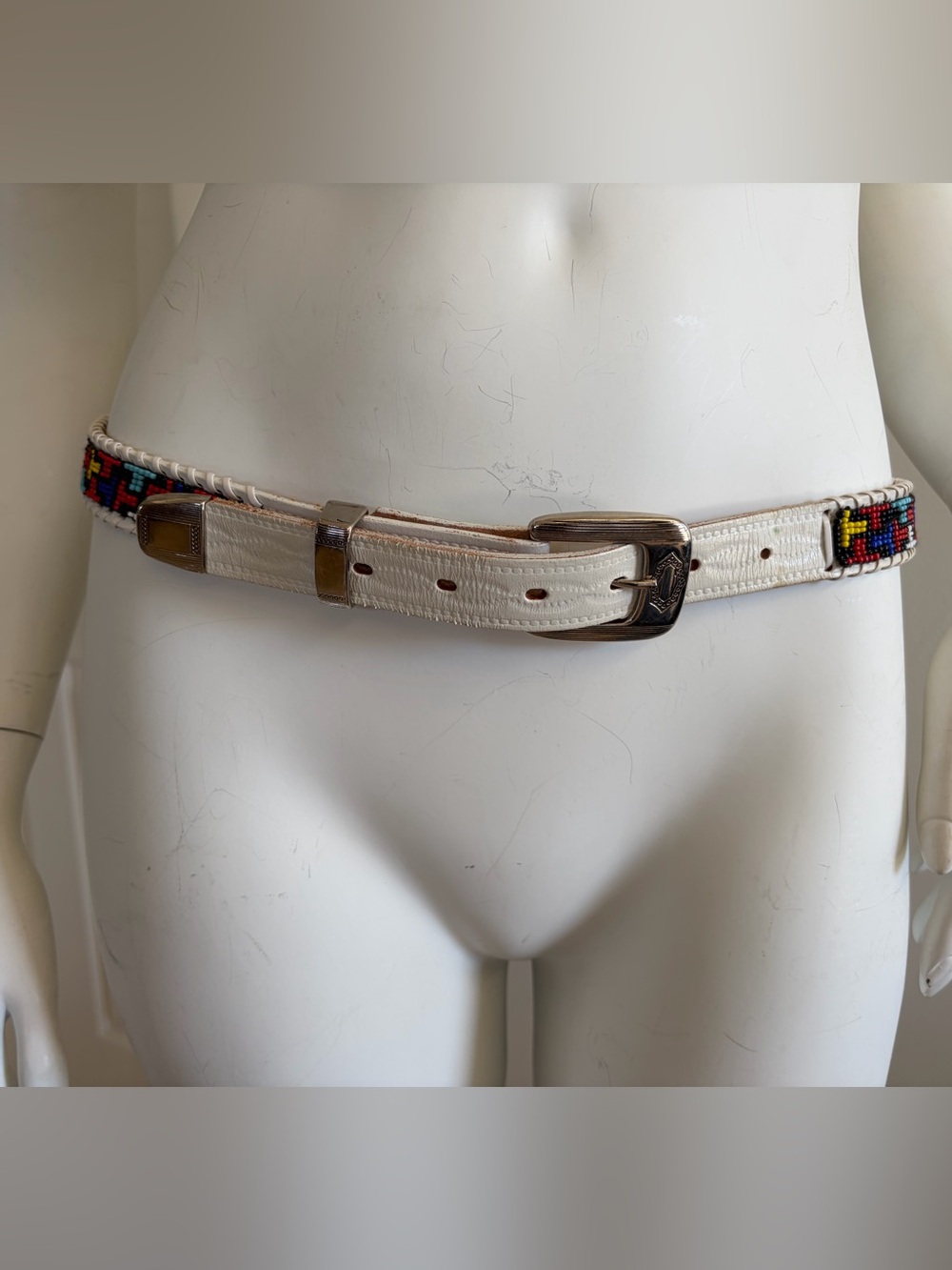 Vintage Gammishire White Leather Southwestern Beaded Belt